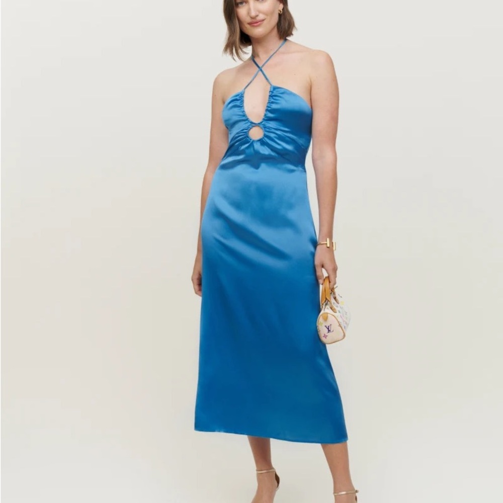 NWT Reformation Antoni Keyhole Silk-Satin Midi Dress in Grotto Blue 8